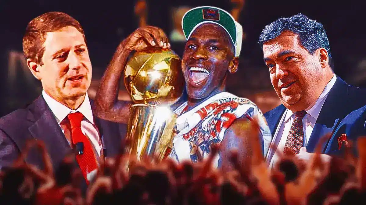Bulls' Jerry Krause, Michael Reinsdorf and Michael Jordan holding the Larry O’Brien trophy (from the 1990s)