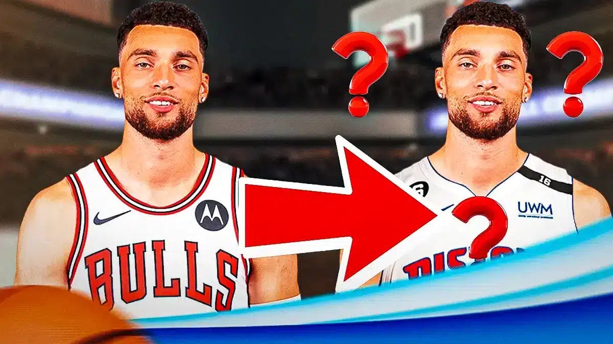 Zach LaVine on one side in a Chicago Bulls uniform with an arrow pointing to Zach LaVine on the other side in a Detroit Pistons uniform, a bunch of question marks in the background