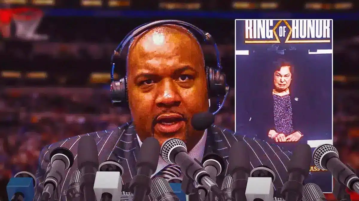 Chicago Bulls broadcaster Stacey King beside image of Jerry Krause's wife, Thelma Krause crying