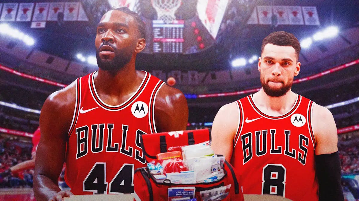 Bulls, Bulls injuries, Billy Donovan, Zach LaVine, Patrick Williams, Zach LaVine and Patrick Williams with injury first aid kit on graphic, Bulls arena in the background