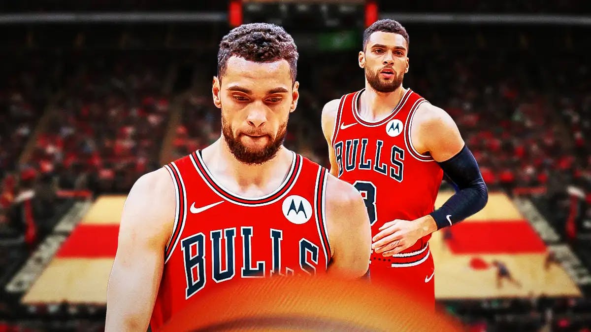 Bulls, Zach LaVine, Zach LaVine Bulls, Zach LaVine injury, Billy Donovan, Zach LaVine in Bulls uni with Bulls arena in the background