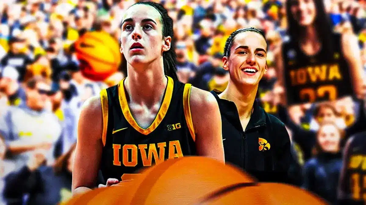 owa women’s basketball player Caitlin Clark in the foreground of the graphic, with a background image of a crowd storming a basketball court
