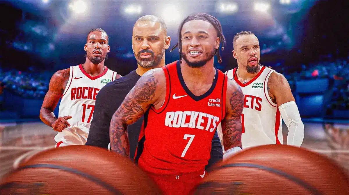 Image: In the middle, Rockets Cam Whitmore looking happy and pumped. Behind him on the left and right shoulder, are Rockets Dillon Brooks and Tari Eason, looking ready to play. Make sure Eason and Brooks' graphics are both faded. Standing directly behind Cam Whitmore, basically toppling over him is Ime Udoka. Udoka is in his thoughts.