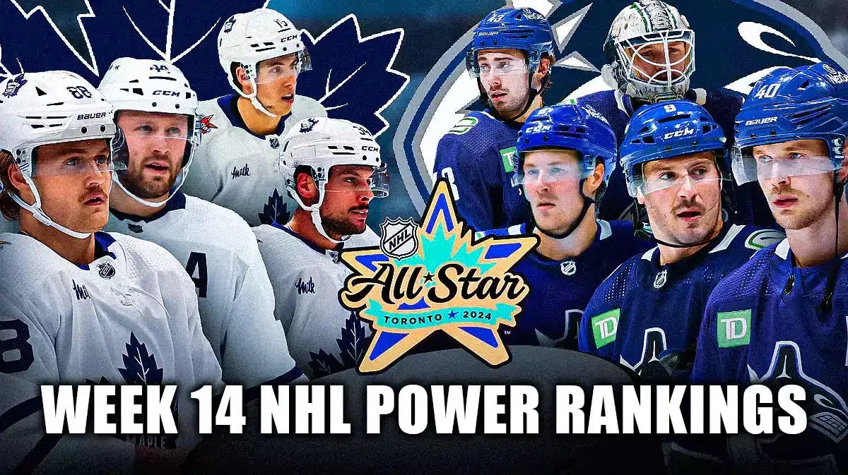 William Nylander, Morgan Rielly, Mitch Marner and Auston Matthews on one side, TOR Maple Leafs logo on that side. Elias Pettersson, JT Miller, Thatcher Demko, Brock Boeser and JT Miller on other side, VAN Canucks logo on that side. In middle, 2024 NHL All-Star Game logo and Maple Leafs rink in background. Week 14 NHL Power Rankings