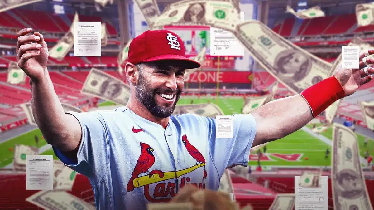 Cardinals' Paul Goldschmidt smiling, with money and contracts falling from the sky