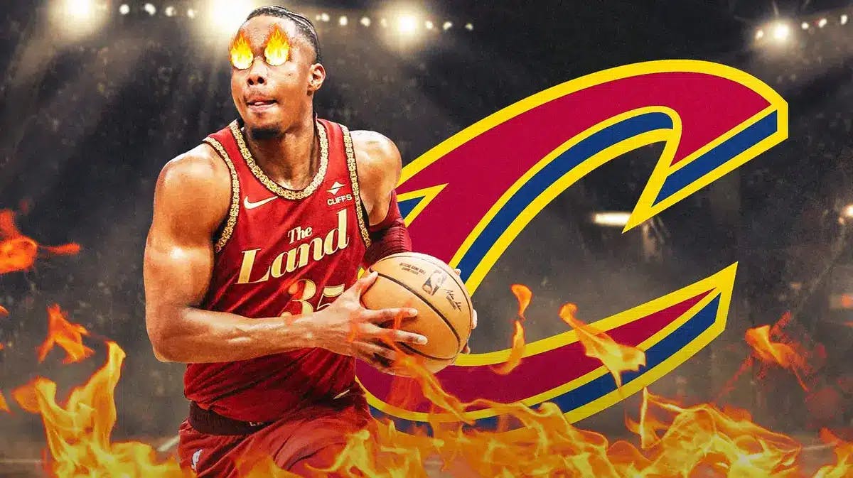 Cavs Isaac Okoro with fire in his eyes and surrounded by fire next to a Cavs logo