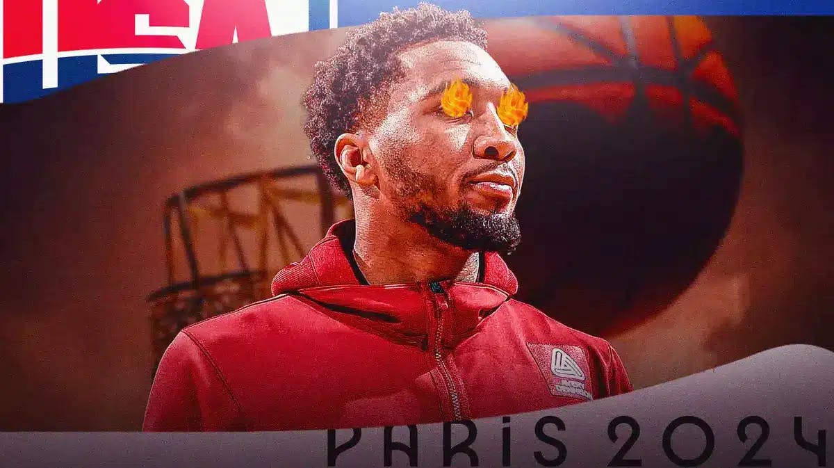 Donovan Mitchell with fire in his eyes, with Team USA and Paris Olympics logos in the background