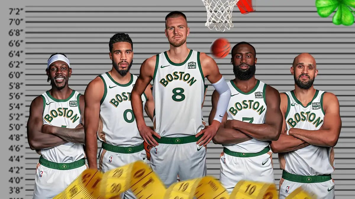 Celtics' Jayson Tatum, Jaylen Brown, Jrue Holiday, Derrick White, and Kristaps Porzingis standing in front of a height chart