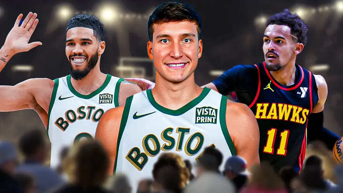 Bogdan Bogdanovic in a Celtics uni, with Hawks' Trae Young looking confused and Jayson Tatum hyped up