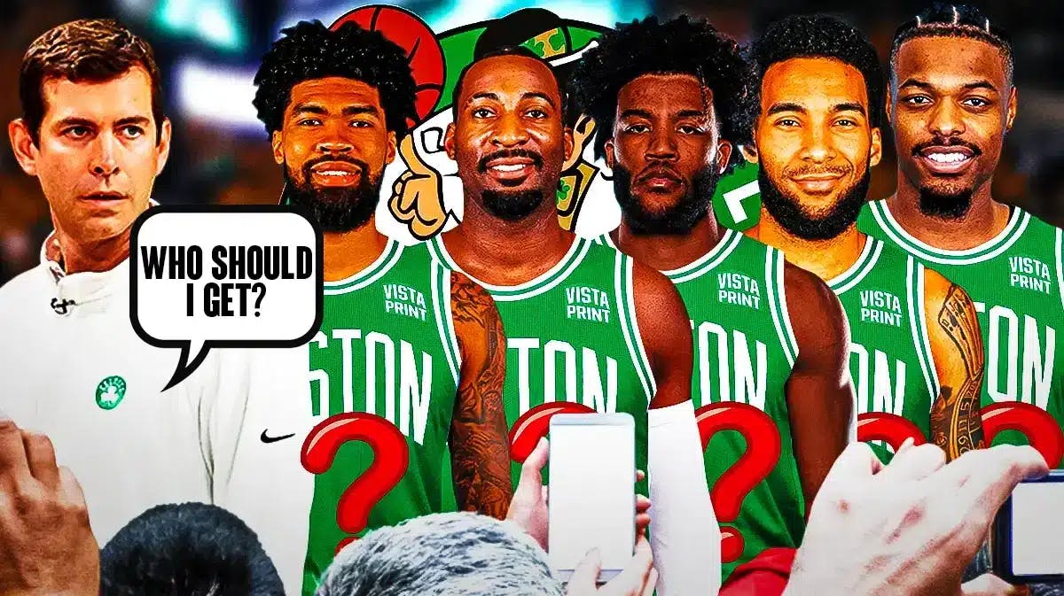 Brad Stevens looking contemplative and asking “Who should I get?” , Celtic logo, Nick Richards, Andre Drummond, Saddiq Bey, Julian Champagnie, Dennis Smith Jr. in Celtic uniforms but a question mark where their jersey numbers would be