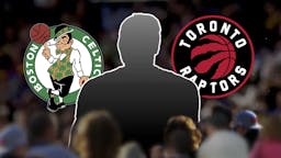 A silhouette of Chris Boucher with the Celtics and Raptors logos in the background