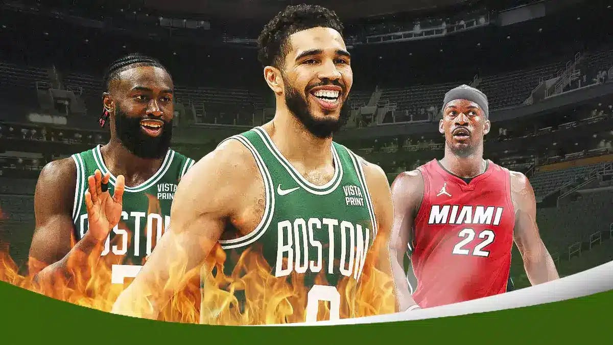 Celtics Jayson Tatum, Jaylen Brown on fire. Heat Jimmy Butler ice cold. Background is TD Garden, thanks