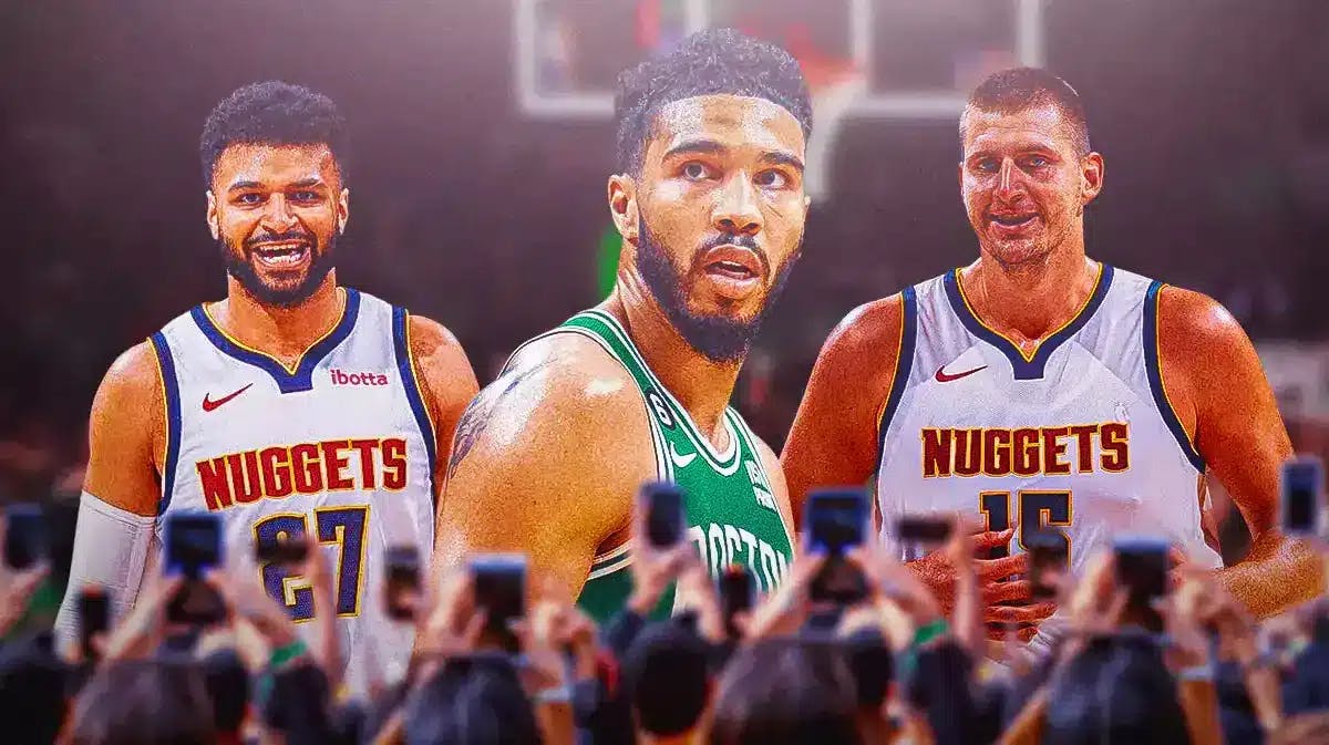 Tatum looking disappointed/serious on a Boston city background next to a happy looking Jamal Murray and Nikola Jokic