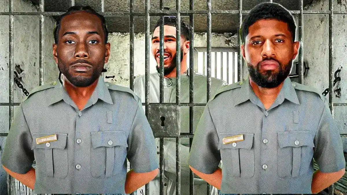 Thumb: Celtics' Jayson Tatum in a straitjacket and behind bars. Kawhi Leonard, Paul George wearing jail warden guards.