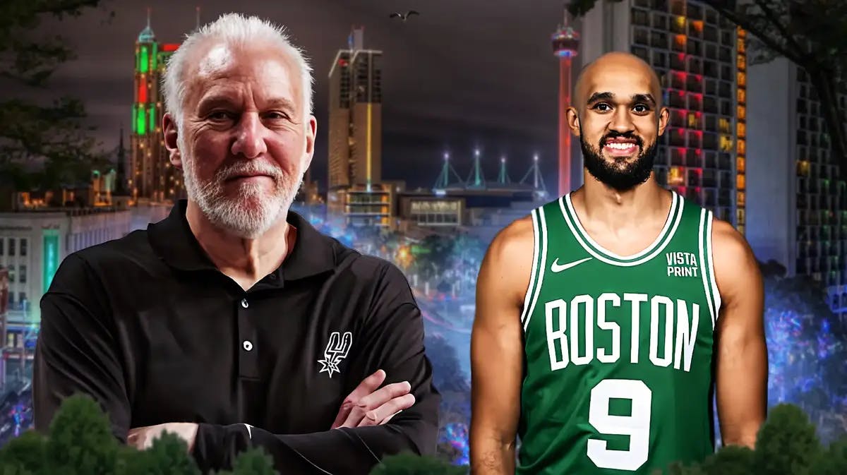 Derrick White smiling (in a celtics jersey) next to Gregg Popovich smiling on a San Antonio skyline background