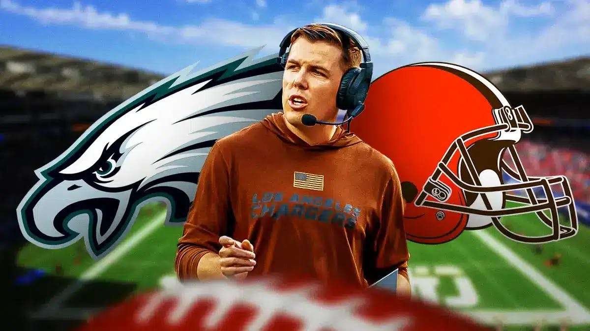 Kellen Moore with the Philadelphia Eagles logo on one side and the Cleveland Browns logo on the other side