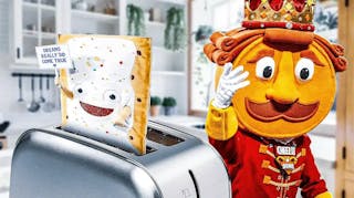 The Pop-Tarts mascot is lowered into a fake toaster, alongside an image of the Cheez-It mascot
