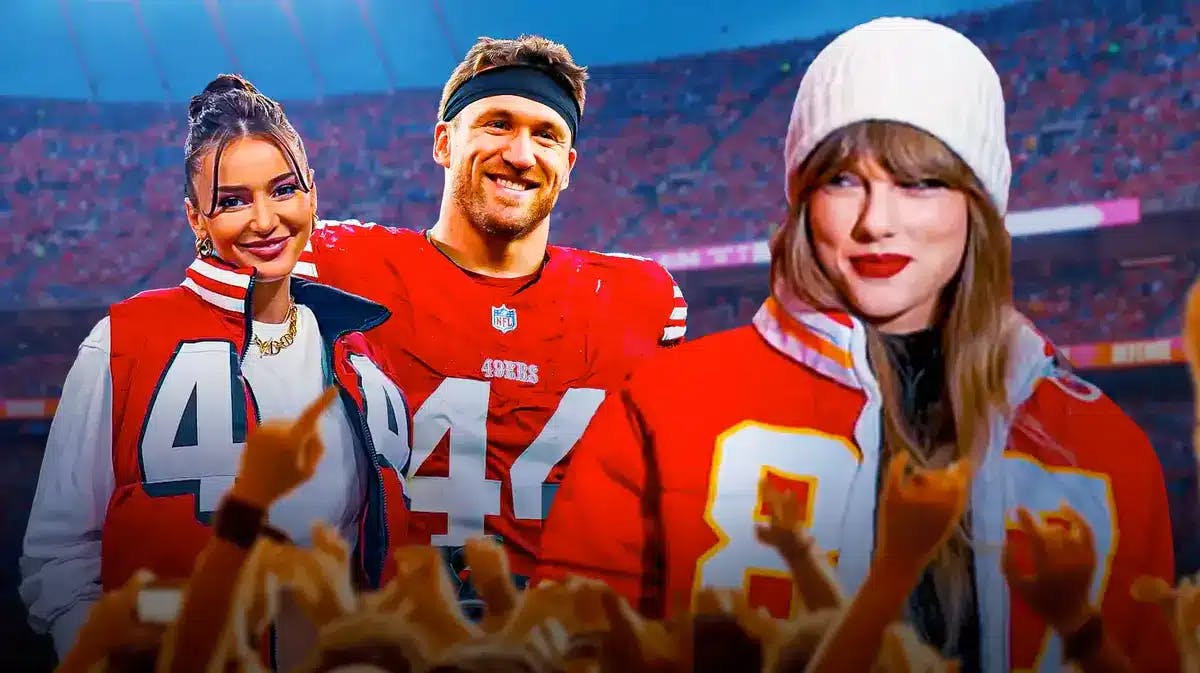 49ers' Kyle Kuszczyk with his wife, with a picture of Taylor Swift wearing the Chiefs jacket Juszczyk’s wife made