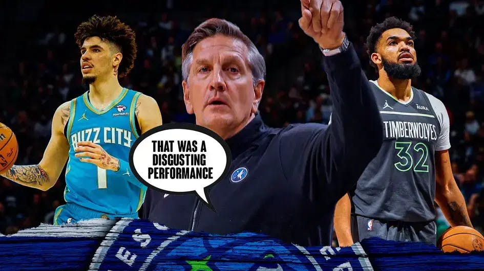 Chris Finch saying, “That was a disgusting performance” with Karl-Anthony Towns next to LaMelo Ball.
