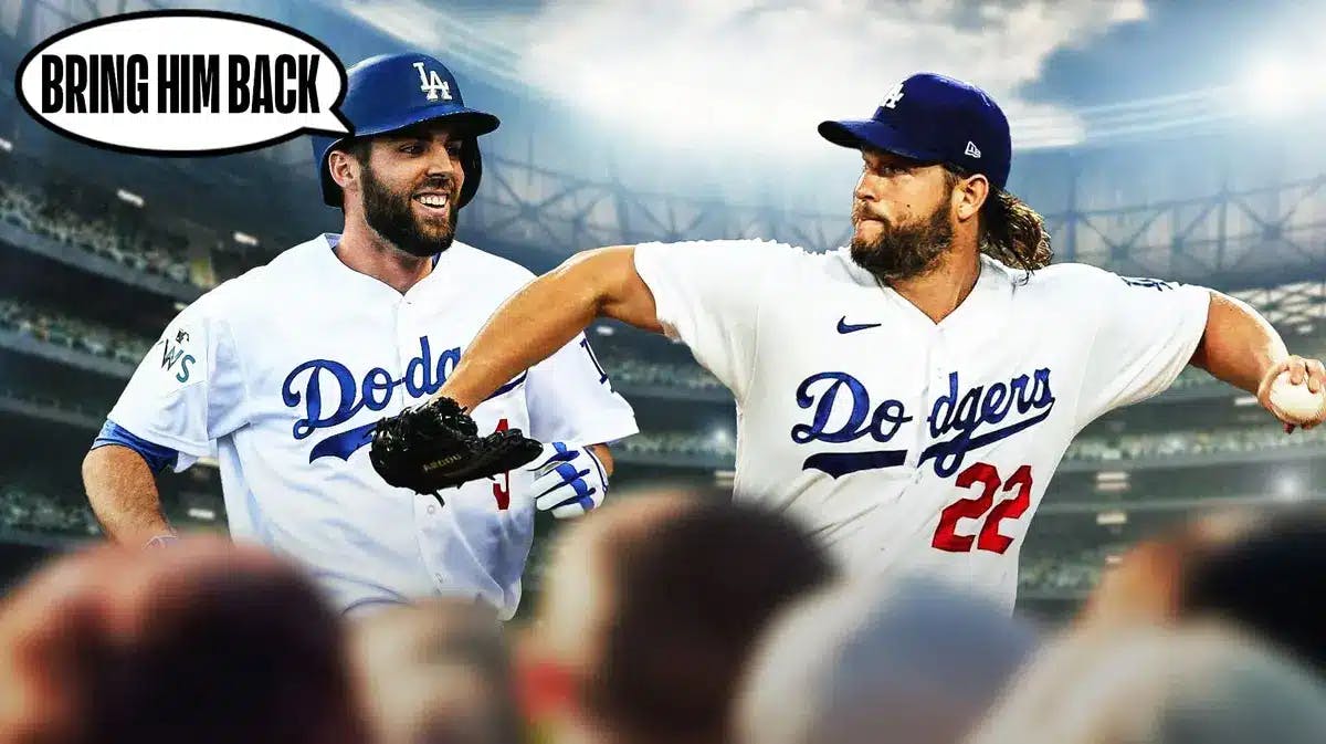 Photo: Clayton Kershaw pitching in Dodgers jersey, have Chris Taylor in Dodgers jersey saying “Bring him back”