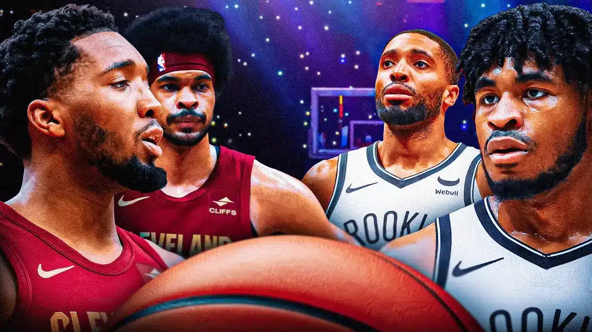 Donovan Mitchell, Jarrett Allen, Cavaliers logo vs. Cam Thomas, Mikal Bridges, Nets logo. NBA in Paris 2024 logo front and center.