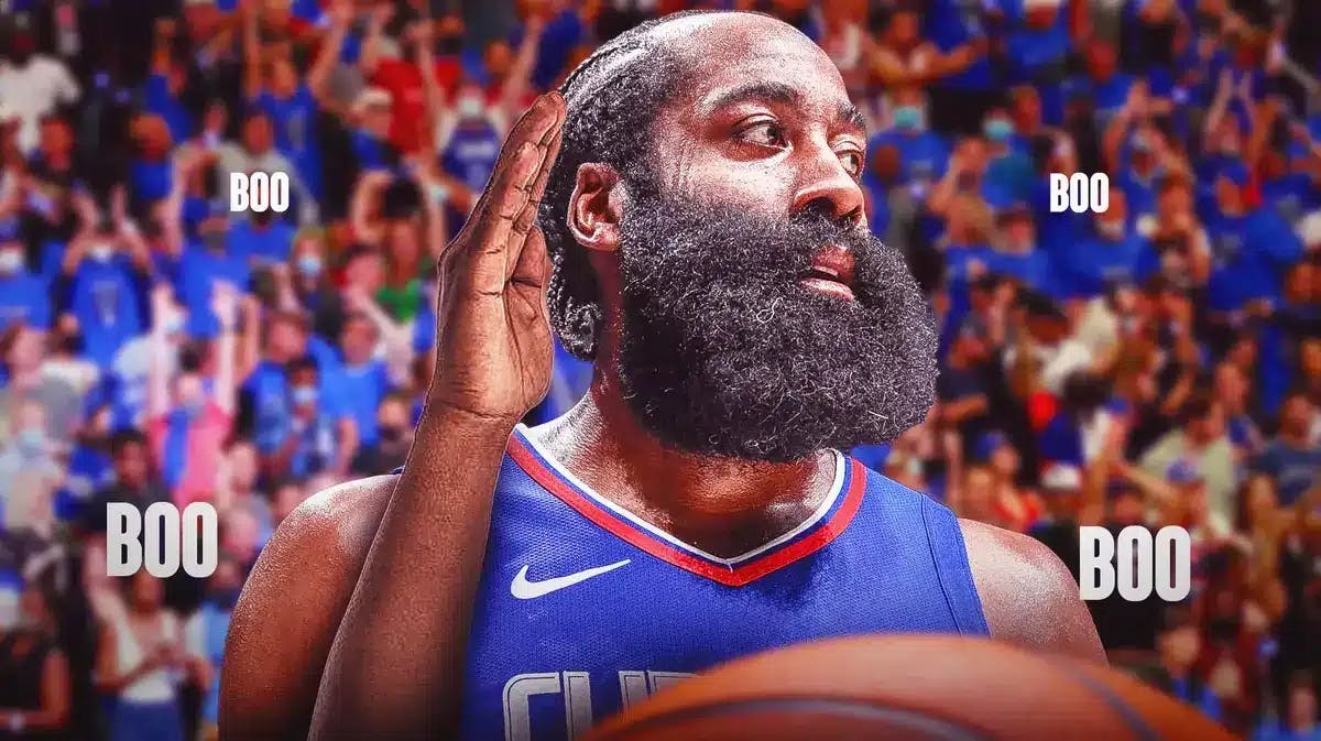 Clippers' James Harden cupping his ear like Hulk Hogan with the crowd booing