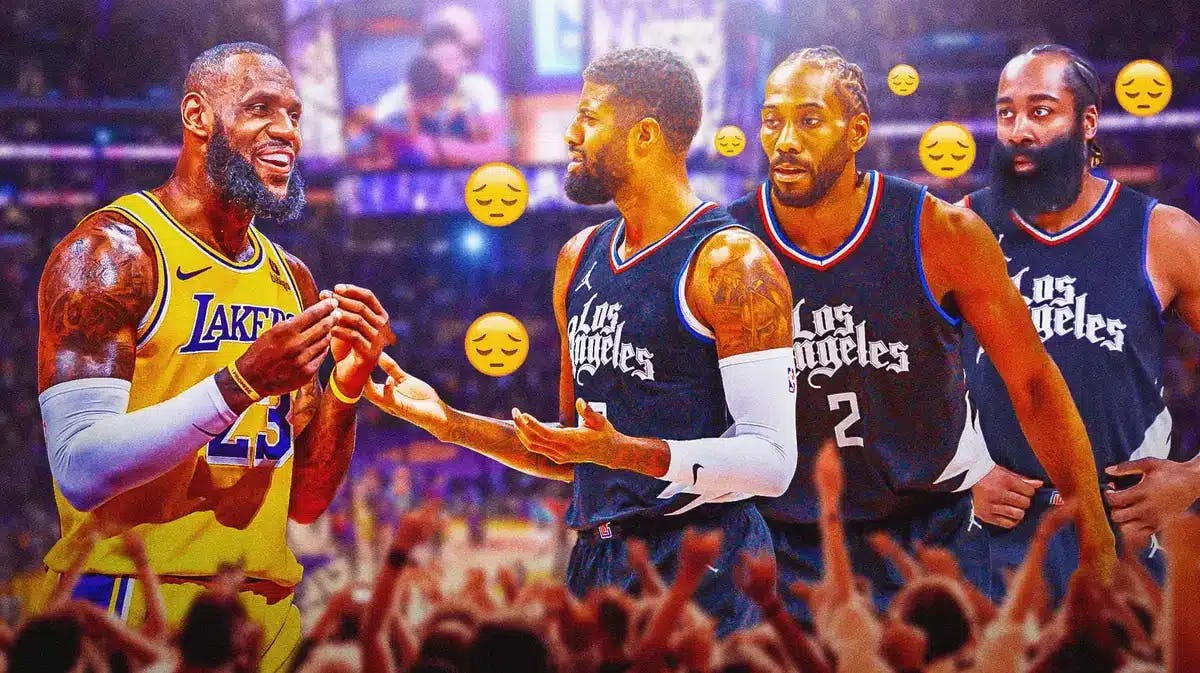 Clippers' Paul George, Kawhi Leonard, and James Harden all sad, with sad emojis all over them, while Lakers' LeBron James is celebrating beside them