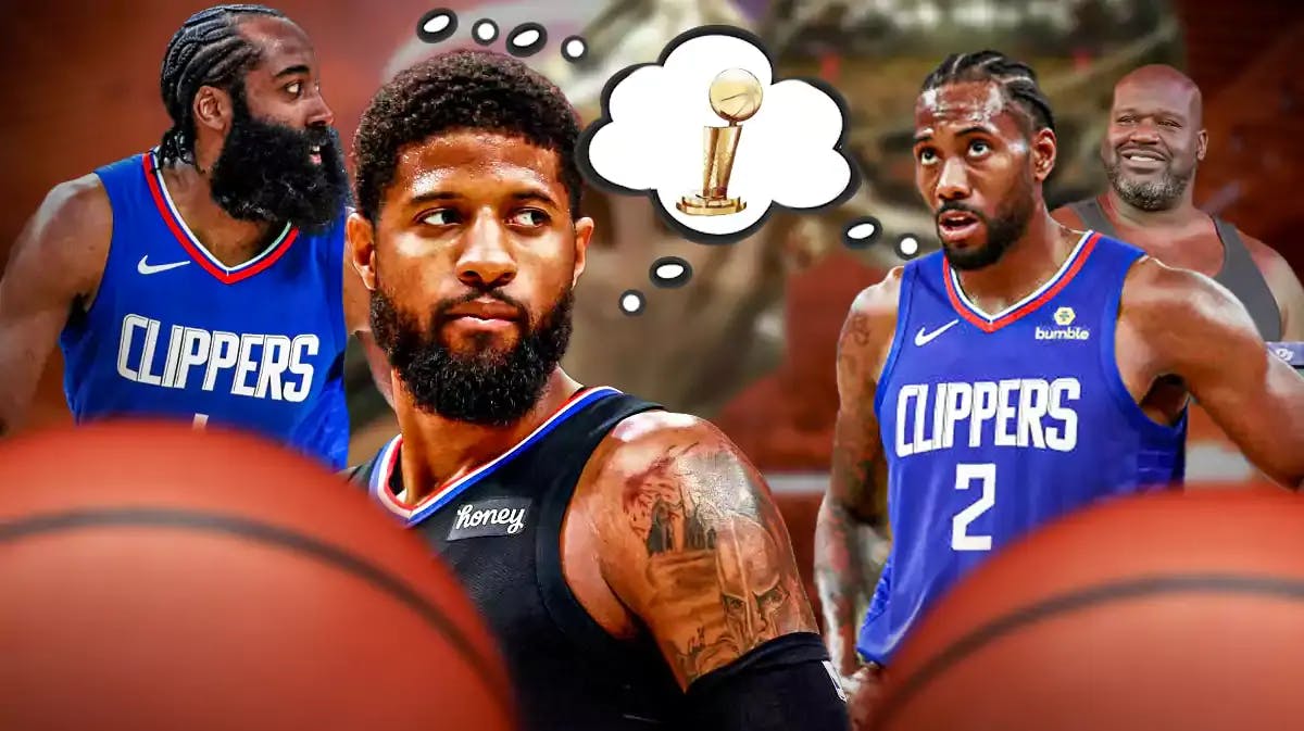 Clippers' Paul George, Kawhi Leonard, and James Harden with a shared thought bubble containing image of Larry O’Brien trophy, with Shaq smiling at them