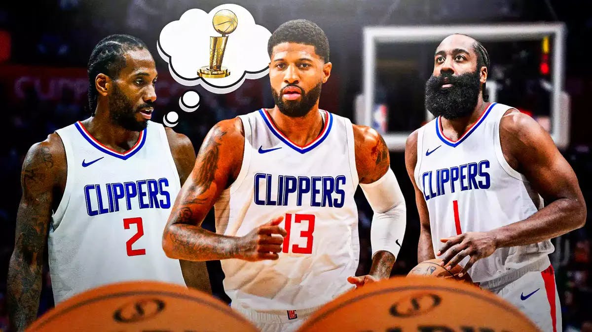 Clippers' Paul George, James Harden, and Kawhi Leonard with a shared thought bubble containing an image of the Larry O’Brien trophy