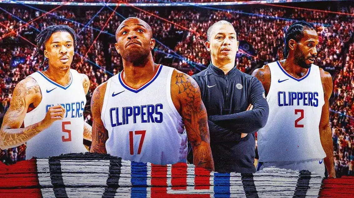 Clippers' PJ Tucker and Bones Hyland looking serious, with Tyronn Lue and Kawhi Leonard talking to each other in the middle Clippers' PJ Tucker and Bones Hyland looking serious, with Tyronn Lue and Kawhi Leonard talking to each other in the middle