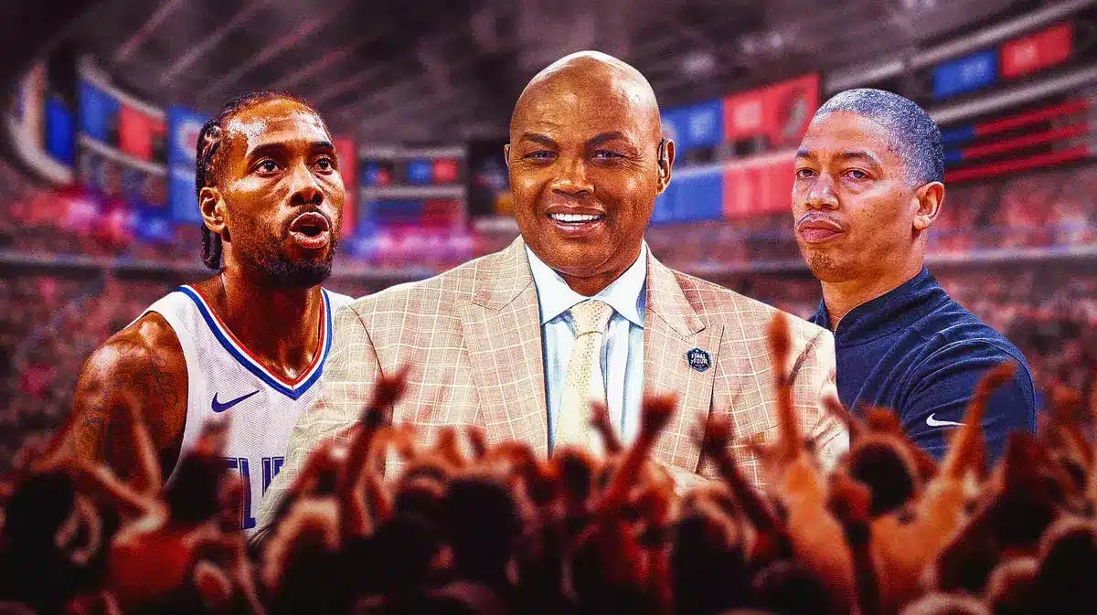 Kawhi Leonard with Los Angeles Clippers jersey on the left, Charles Barkley in the middle, Tyronn Lue on the right