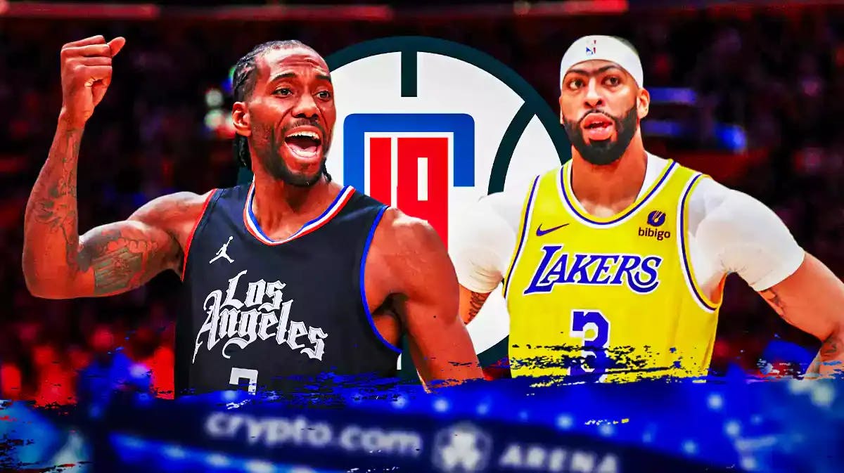 An excited Clippers Kawhi Leonard next to a sad Lakers Anthony Davis in front of a Clippers logo