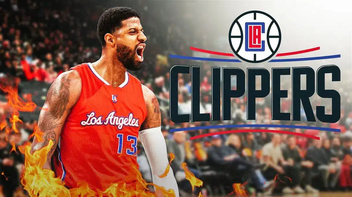 Clippers' Paul George flex in LA's red jersey color scheme, Kawhi Leonard sits in the background
