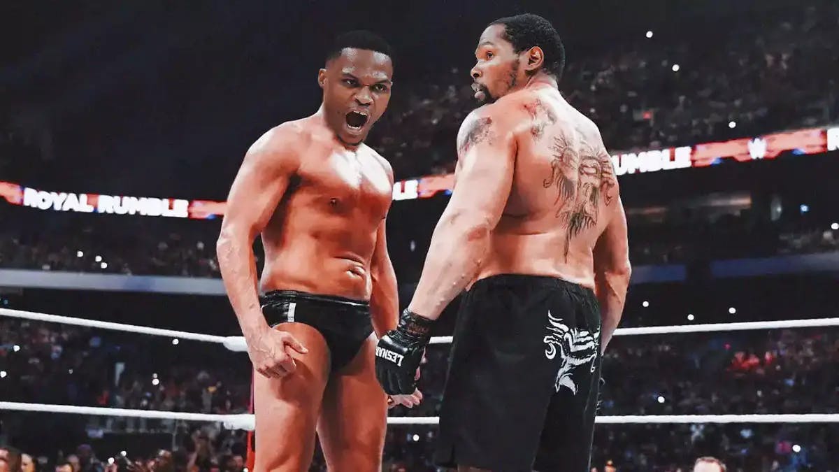 Russell Westbrook (Clippers) and Kevin Durant (Suns) as wrestlers facing off