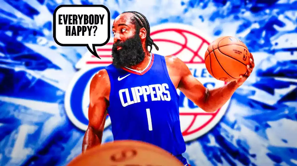Los Angeles Clippers point guard James Harden, asking if everybody is happy
