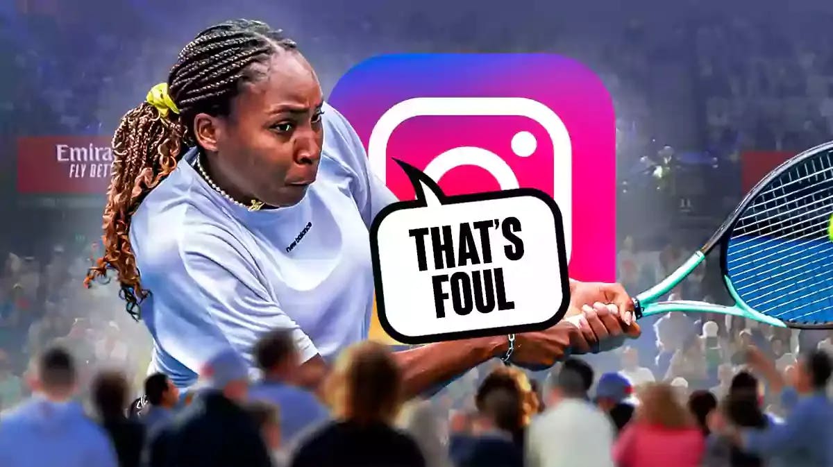 women’s tennis player Coco Gauff with a text bubble saying “That’s foul” with the Instagram app behind Gauff