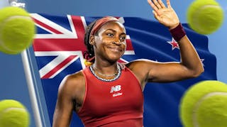 women’s tennis player Coco Gauff, in her tennis gear, with the New Zealand flag in the background and tennis balls along the border of the thumb