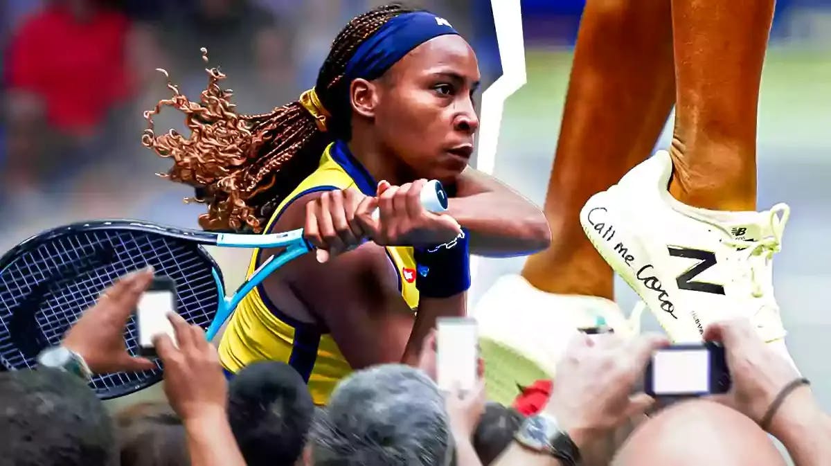 Women’s tennis player Coco Gauff and a photo of Coco Gauff's tennis shoes with the inspirational messages written on them