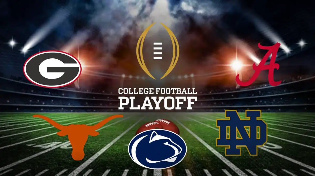 College Football Playoff logo with logos for Georgia, Texas, Penn State, Notre Dame and Alabama.