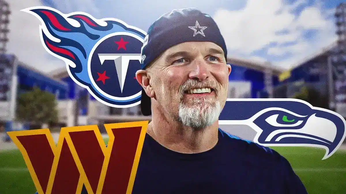 Cowboys DC Dan Quinn and the logos of the Commanders, Titans and Seahawks