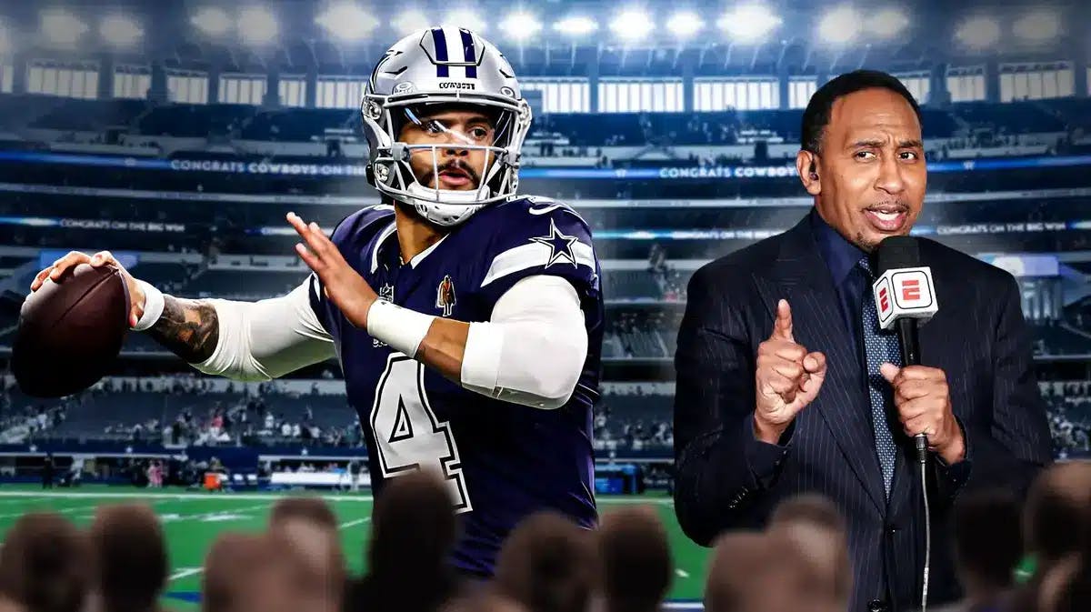 ESPN personality Stephen A. Smith pointing/laughing at Dallas Cowboys' Dak Prescott
