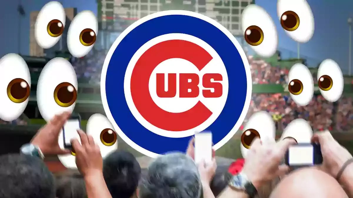 Cubs logo surrounded by eyes and people