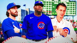 Hector Neris in a Cubs uniform in front looking serious. Cubs' Dansby Swanson on left, Craig Counsell in Cubs gear on right. Wrigley Field background.