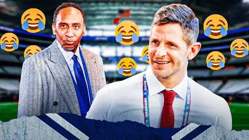 Dan Orlovsky and Stephen A. Smith on one side with a bunch of crying laughing emojis around them, a bunch of Cowboys fans on the other side with angry emojis around them