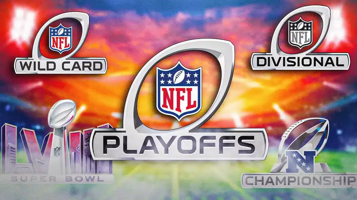 NFL playoffs logo in the middle. One in each corner is wild-card logo, divisional round logo, conference championship logo, Super Bowl LVIII logo.