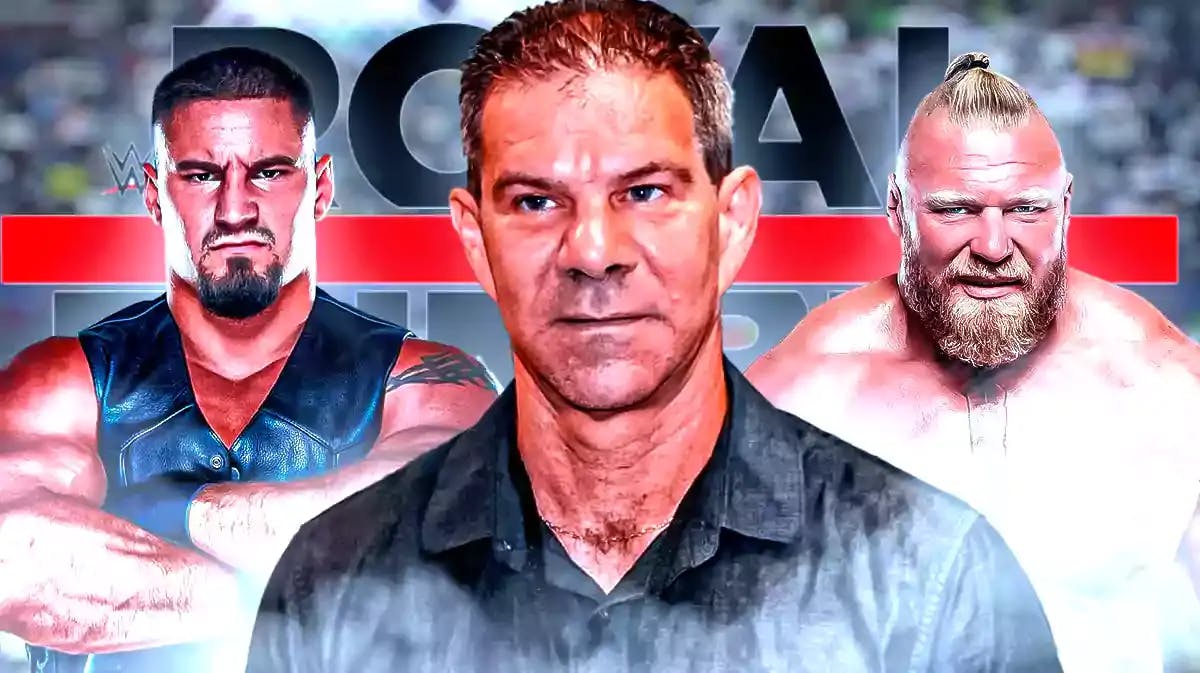 Wrestling journalist Dave Meltzer with Bron Breakker on his left and Brock Lesnar on his right with the Royal Rumble logo as the background.