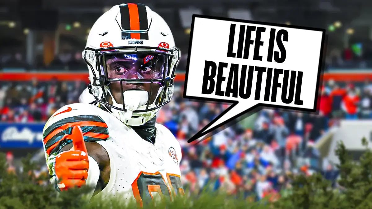 Cleveland Browns tight end David Njoku and speech bubble “Life Is Beautiful”