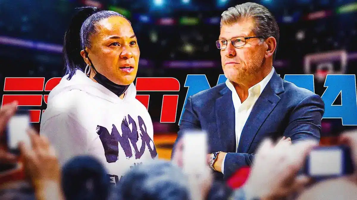 South Carolina women’s basketball coach Dawn Staley and UConn women’s basketball coach Geno Auriemma, with the ESPN and NCAA logos behind Staley and Auriemma, with basketballs along the border of the image