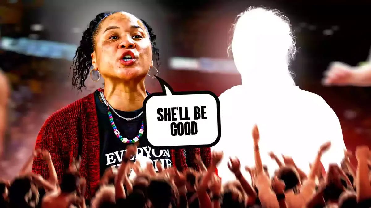 South Carolina women’s basketball coach Dawn Staley with a text bubble over Staley “She’ll be good” Staley is next to a cut-out/silhouette of a woman basketball player