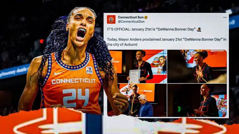 DeWanna Bonner with the Connecticut Sun and Auburn Tigers logos in the background, also include a screenshot from the link, jersey retirement